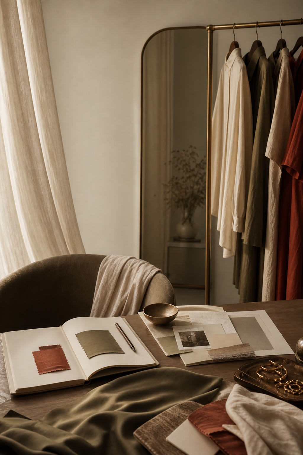 Editorial personal styling setup with wardrobe, fabric swatches, and accessories